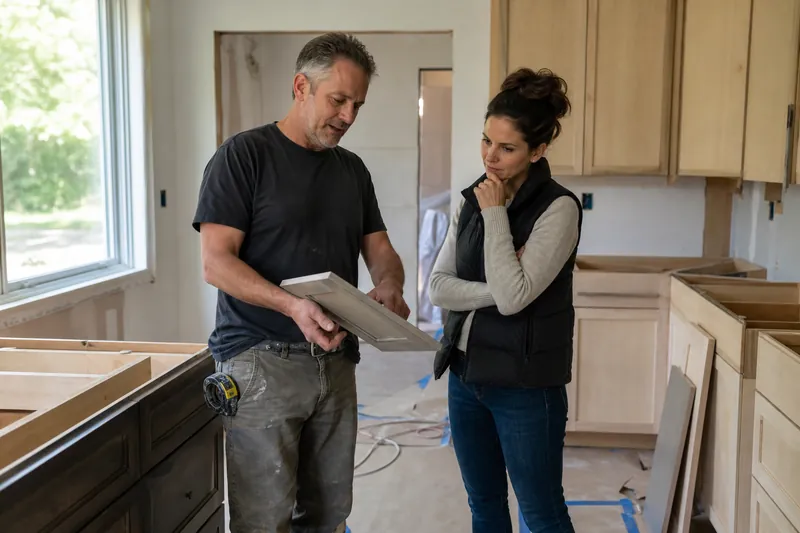 A contractor and a homeowner standing outside a recently finished house renovation, looking at trim and siding details with tools and materials nearby, natural light, candid docume