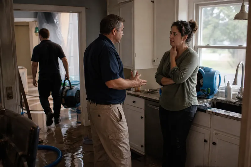 A restoration technician in work clothes talks with a worried homeowner in a damp kitchen while another crew member carries drying equipment through an open doo
