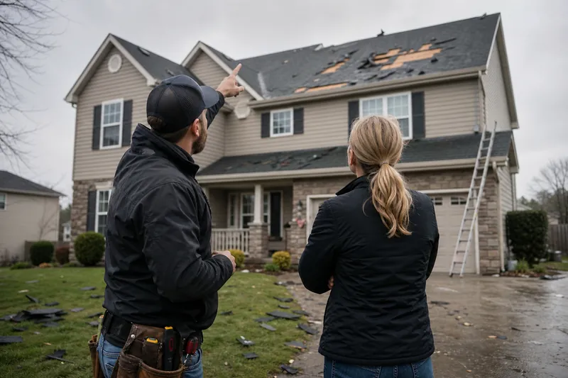 A roofer in work boots and a safety vest is standing on a ladder beside a finished residential roof while a homeowner looks up from the driveway, with tools and shingles visible in
