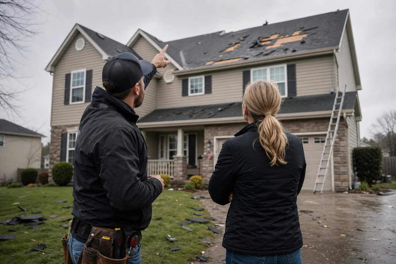 A roofer in work boots and a safety vest is standing on a ladder beside a finished residential roof while a homeowner looks up from the driveway, with tools and shingles visible in natural daylight.