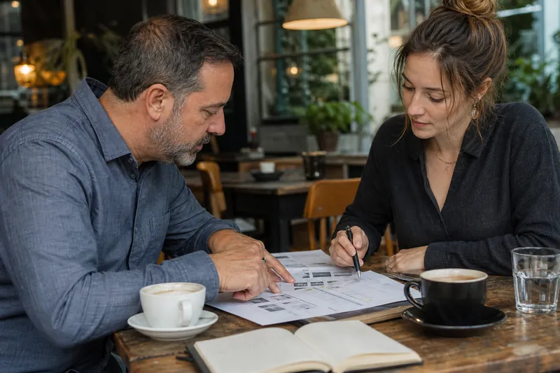 A small business owner and a web designer sit at a kitchen table reviewing printed website pages and a phone with recent job photos, in a casual home office setting.