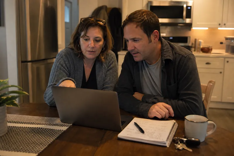 A small business owner and a web helper sitting at a kitchen table in the evening, looking at a laptop beside a notepad with town names and service ideas, with a coffee mug and a h