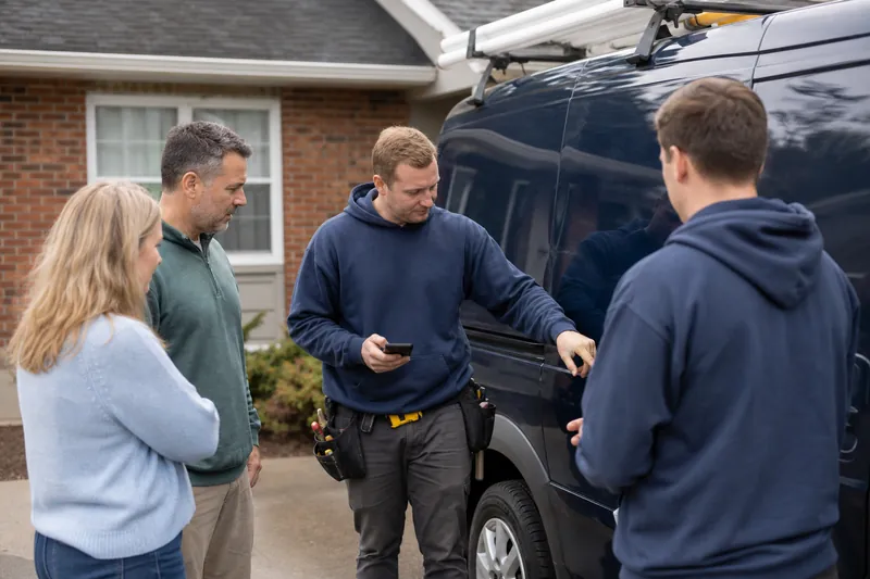 A small team in work clothes standing beside a van in front of a home, talking with a homeowner while one person holds a phone and another points at a repaired area.