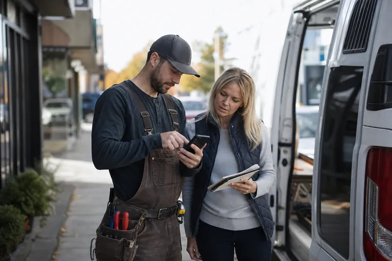 A local contractor and a office manager standing near a service van outside a small storefront, looking at a phone together while talking, with a notebook in hand and a busy street