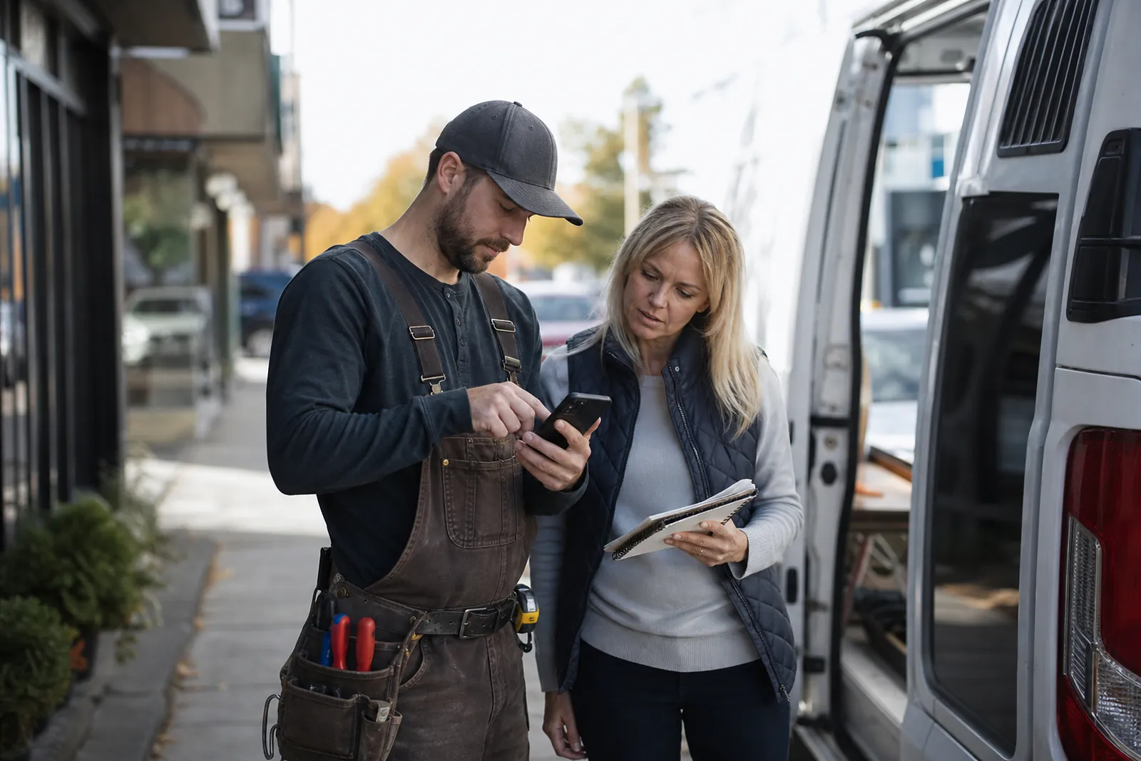 A local contractor and a office manager standing near a service van outside a small storefront, looking at a phone together while talking, with a notebook in hand and a busy street in the background.