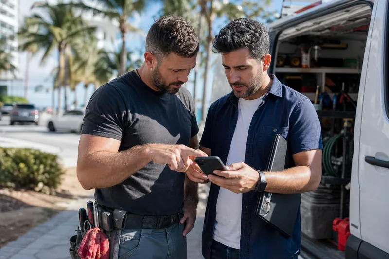 A small business owner and a web designer standing outside a service van on a sunny Miami street, both looking at a phone and pointing at a website page, with tools and a clipboard
