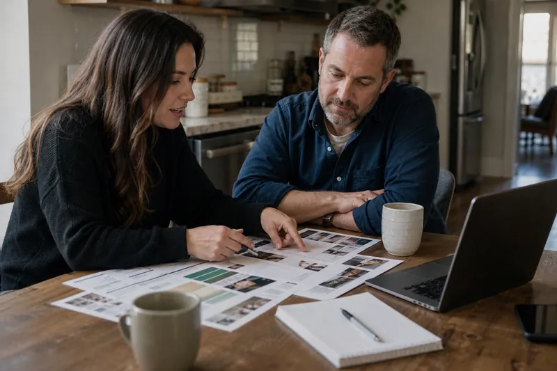 A small team of contractors and a website designer talking at a table in a workshop, with a laptop open beside printed photos of recent jobs and a phone nearby.
