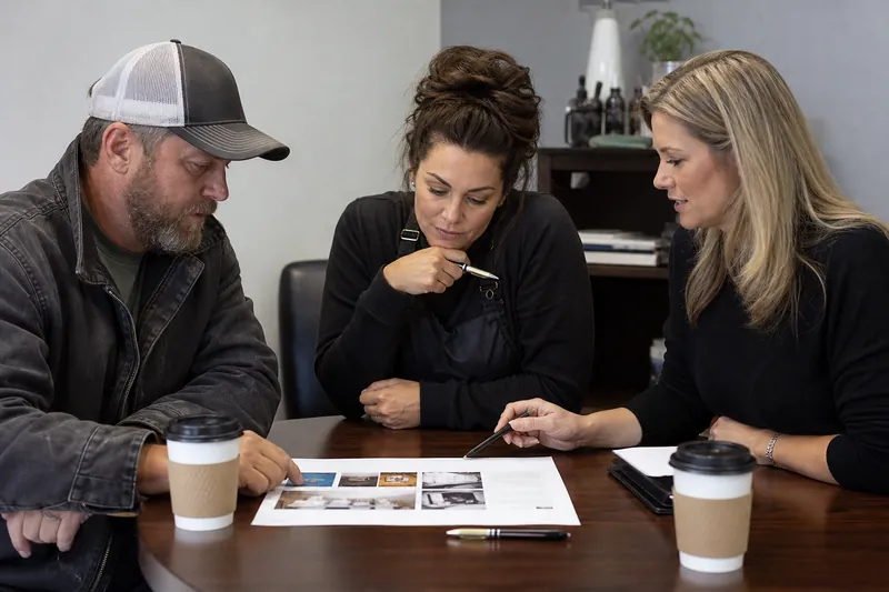 A contractor, a salon owner, and a clinic receptionist sit around a small table in a plain office, looking at a printed website draft with pens and coffee cups nearby.