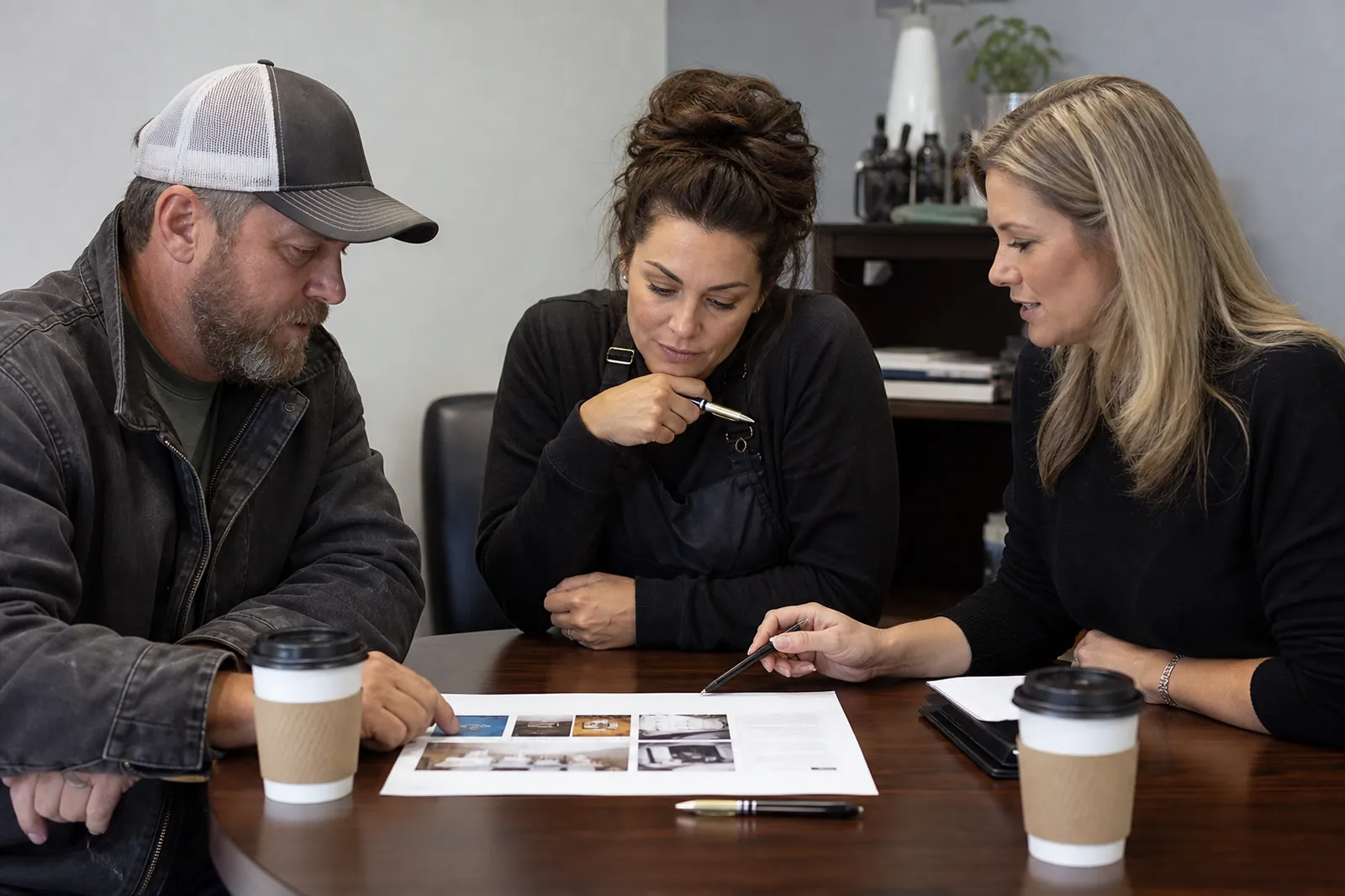 A contractor, a salon owner, and a clinic receptionist sit around a small table in a plain office, looking at a printed website draft with pens and coffee cups nearby.