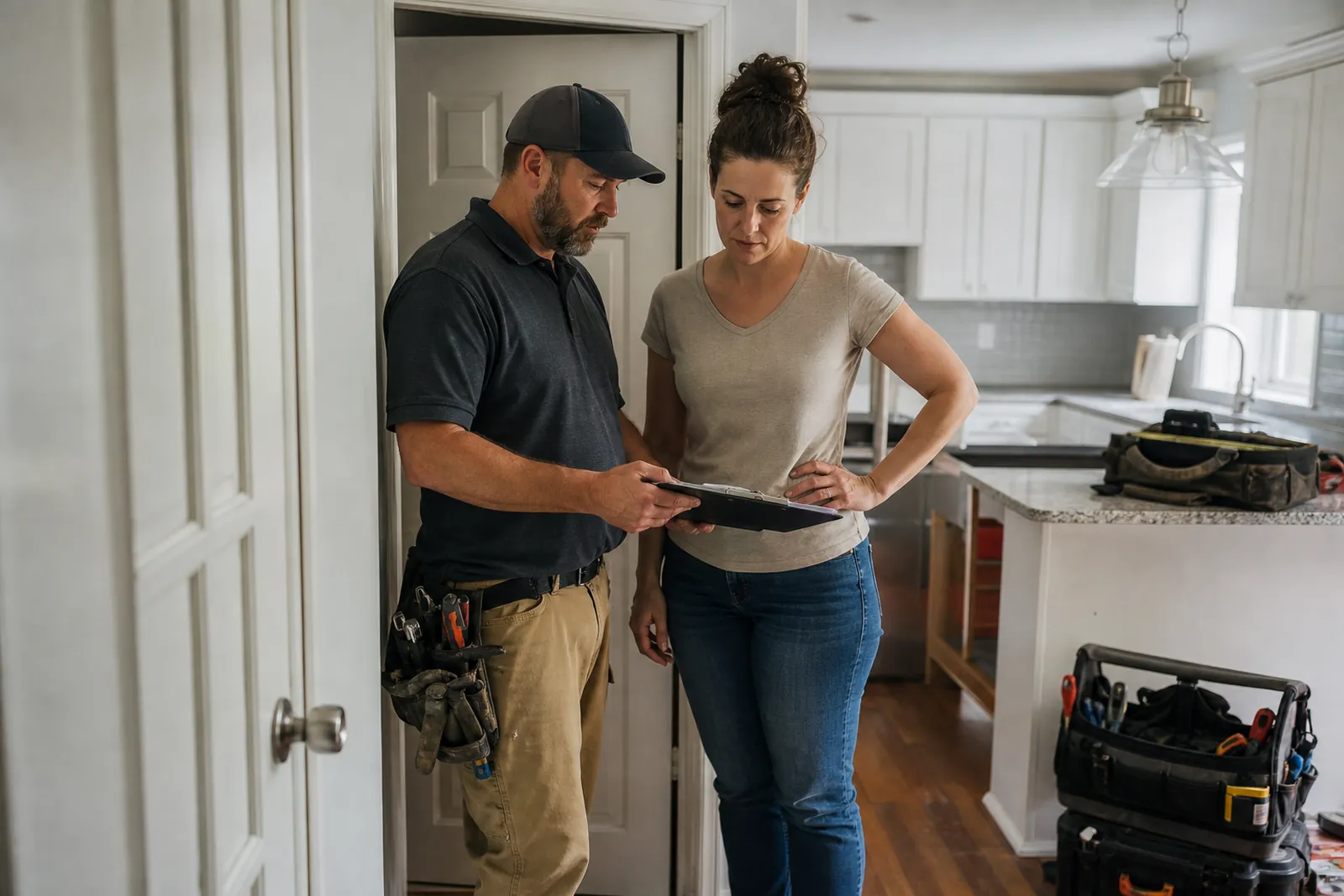 A service professional and a homeowner standing together at a kitchen doorway after an inspection, looking at a paper quote on a clipboard in a tidy house with tools nearby.
