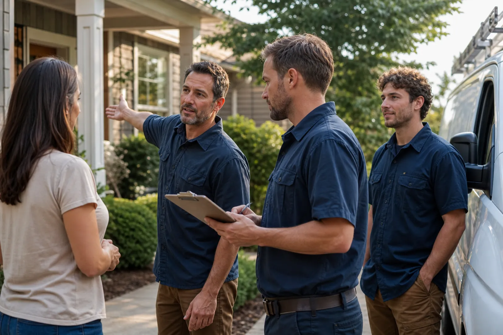 A small service team in work shirts standing beside a van outside a neighborhood home, talking with a homeowner at the front walk while one person holds a clipboard and another points toward the house.