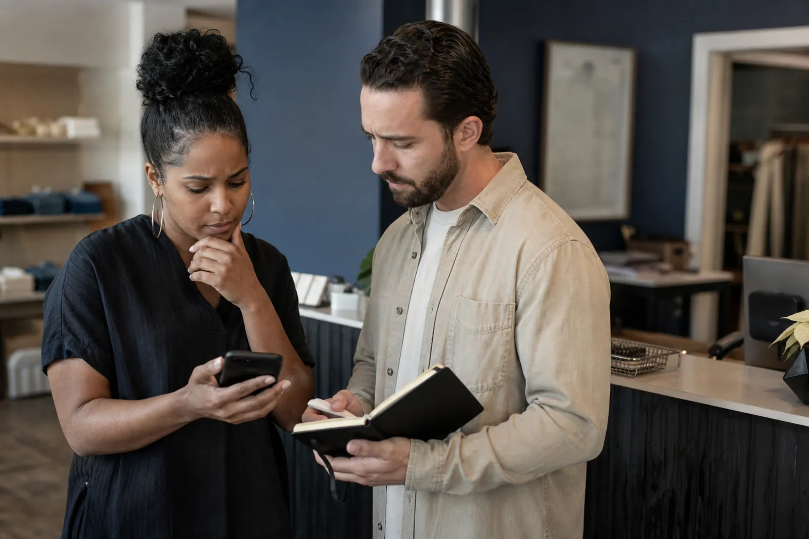 A small business owner stands beside a coworker in a quiet office or shop, both looking at a phone and a notebook with concern while a front desk or service counter sits in the background.
