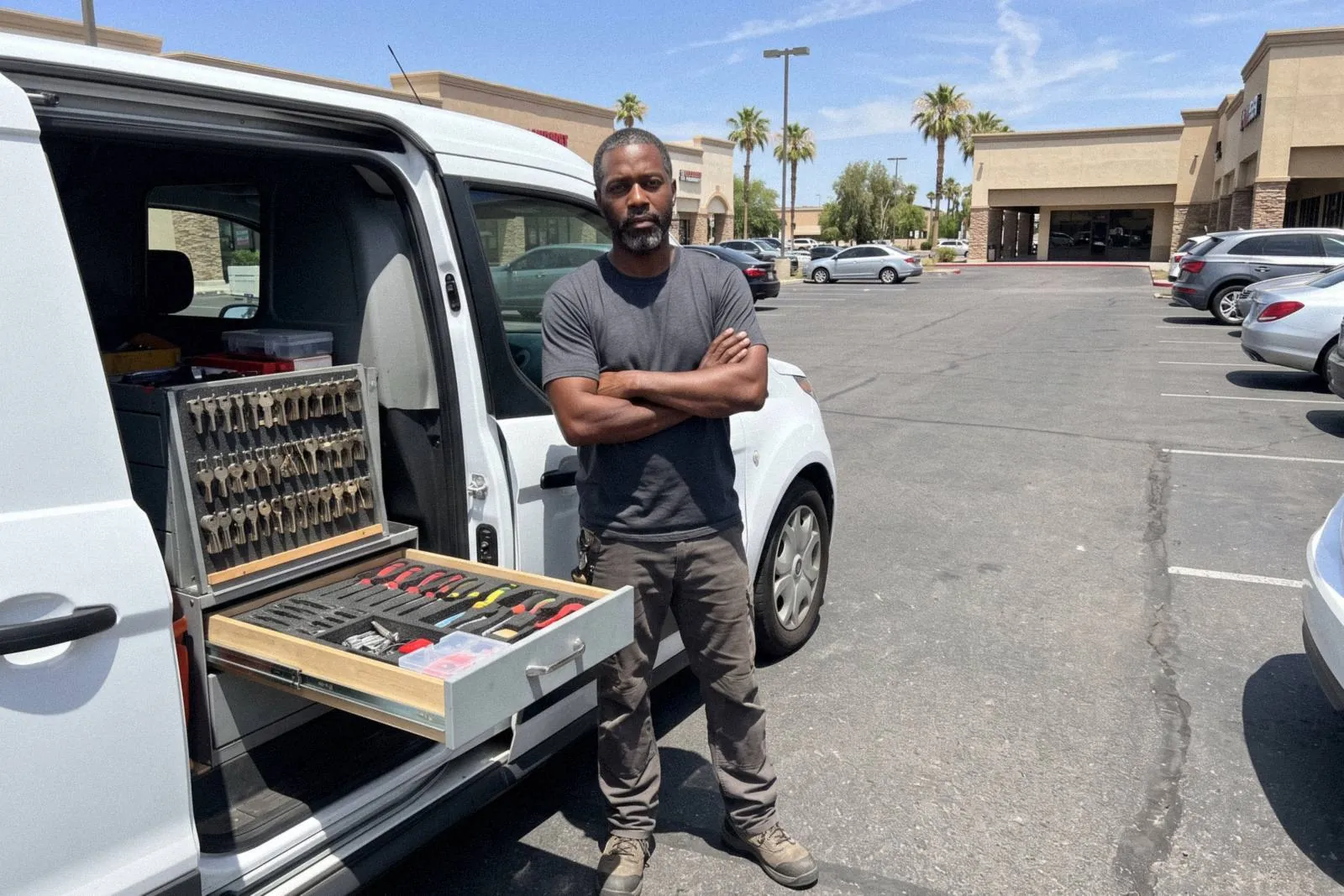 A locksmith standing by his service van full of keys and tools
