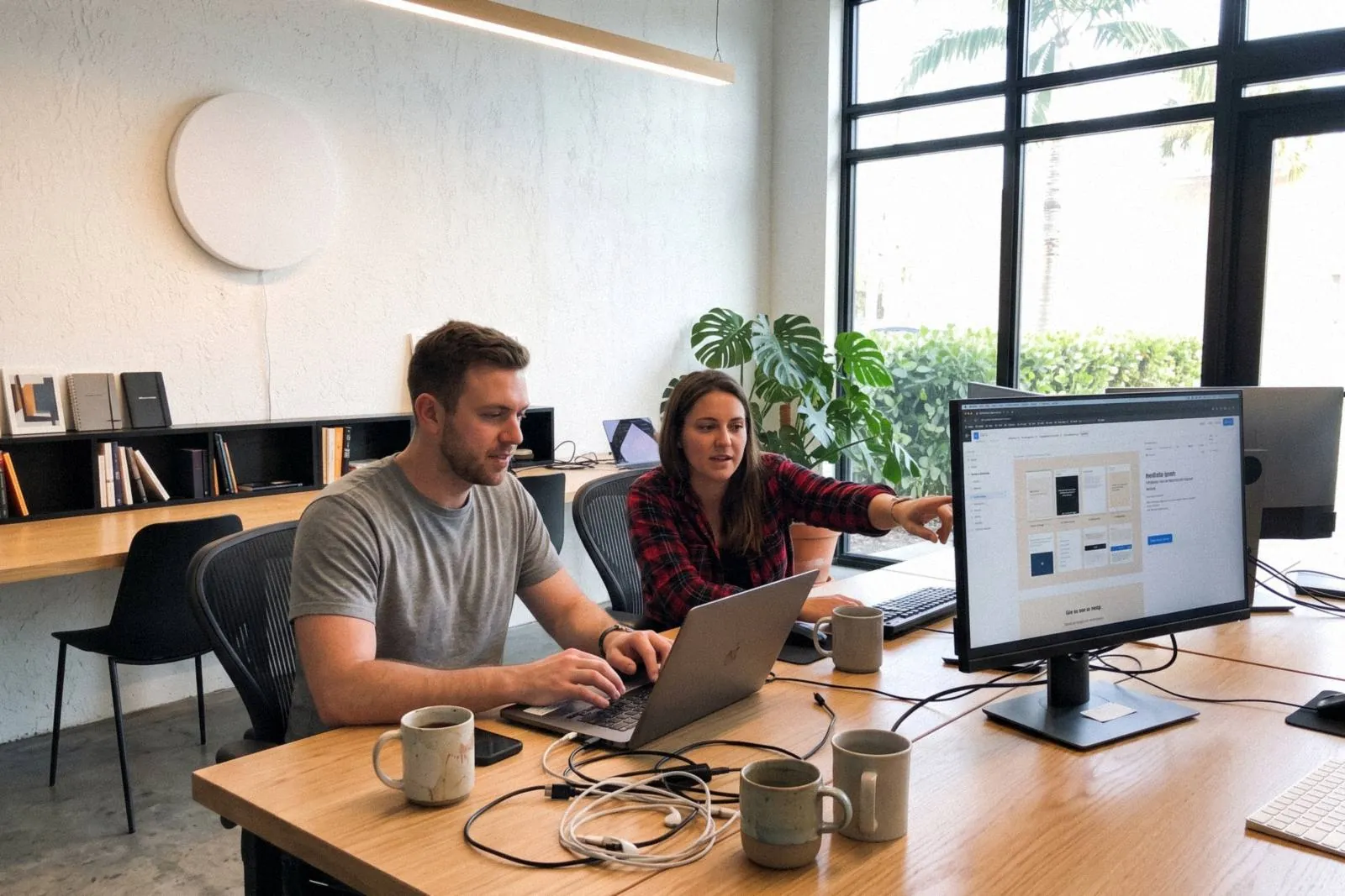 Two people at the studio desk going through a page being built