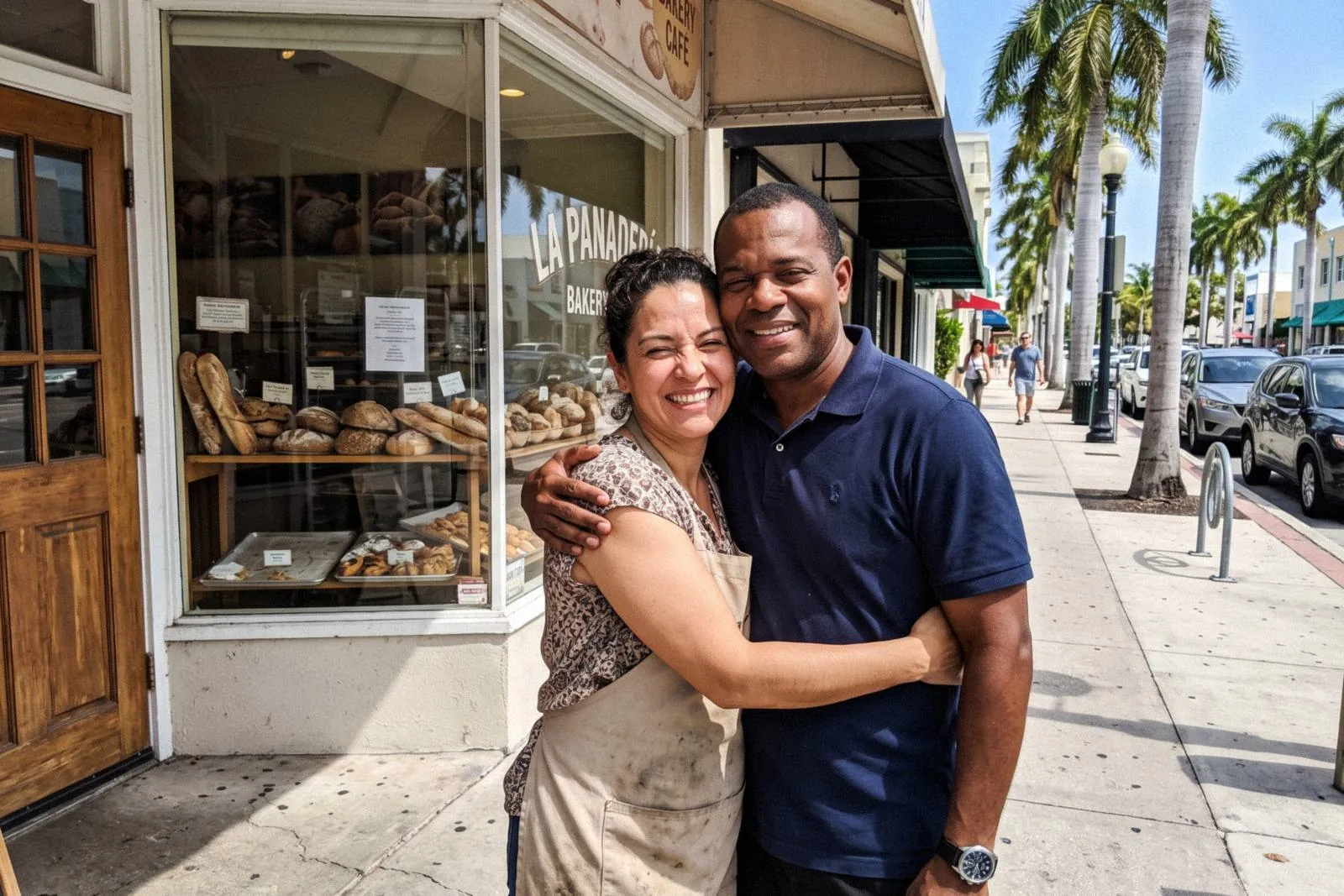 Owners of a small bakery smiling in front of their shop