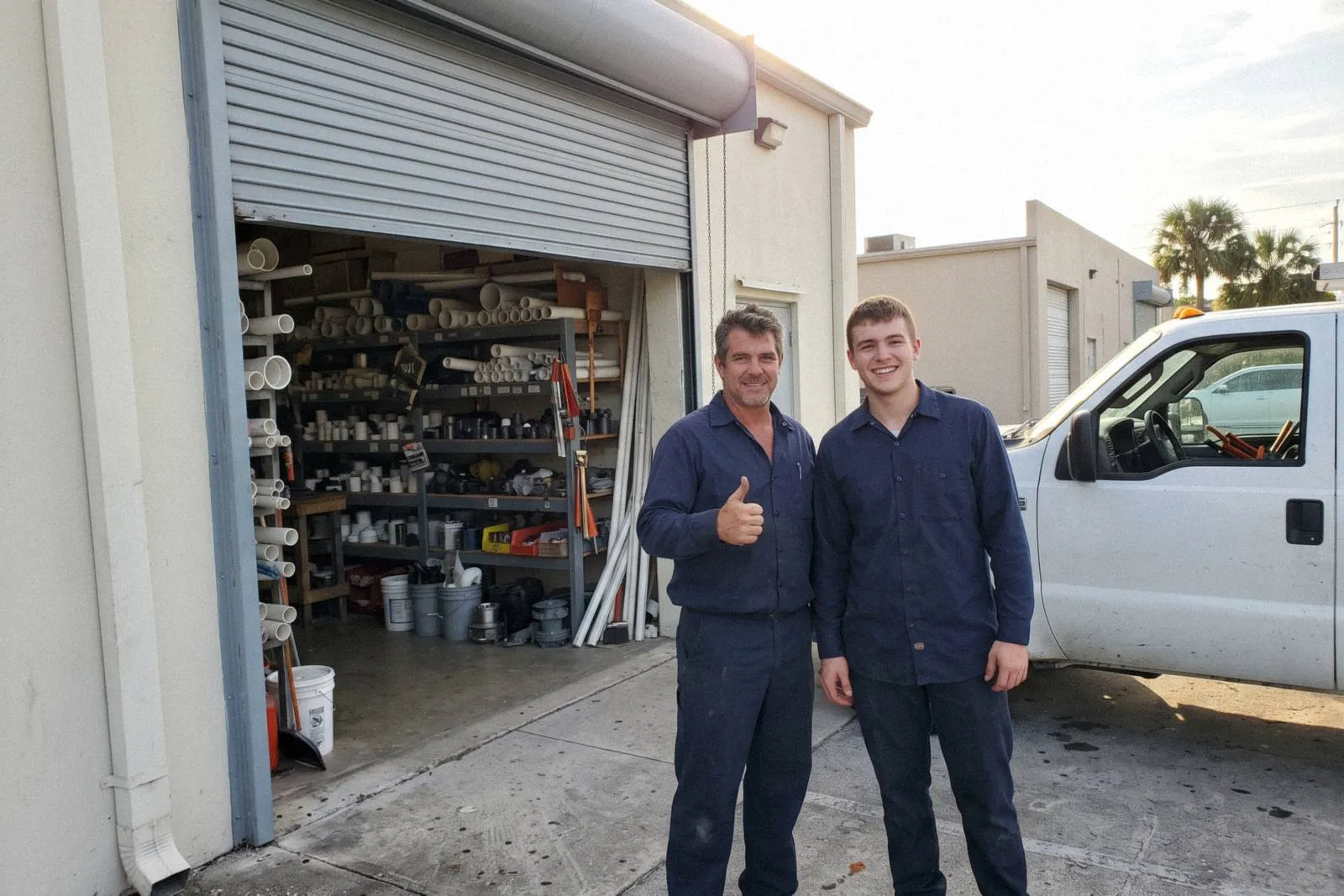 Two plumbers in front of their small service shop