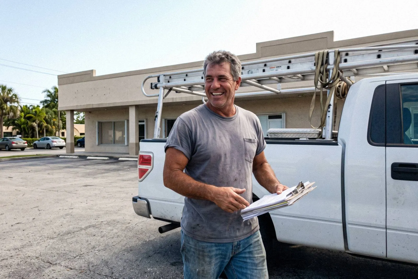 A roofing contractor laughing next to his work truck