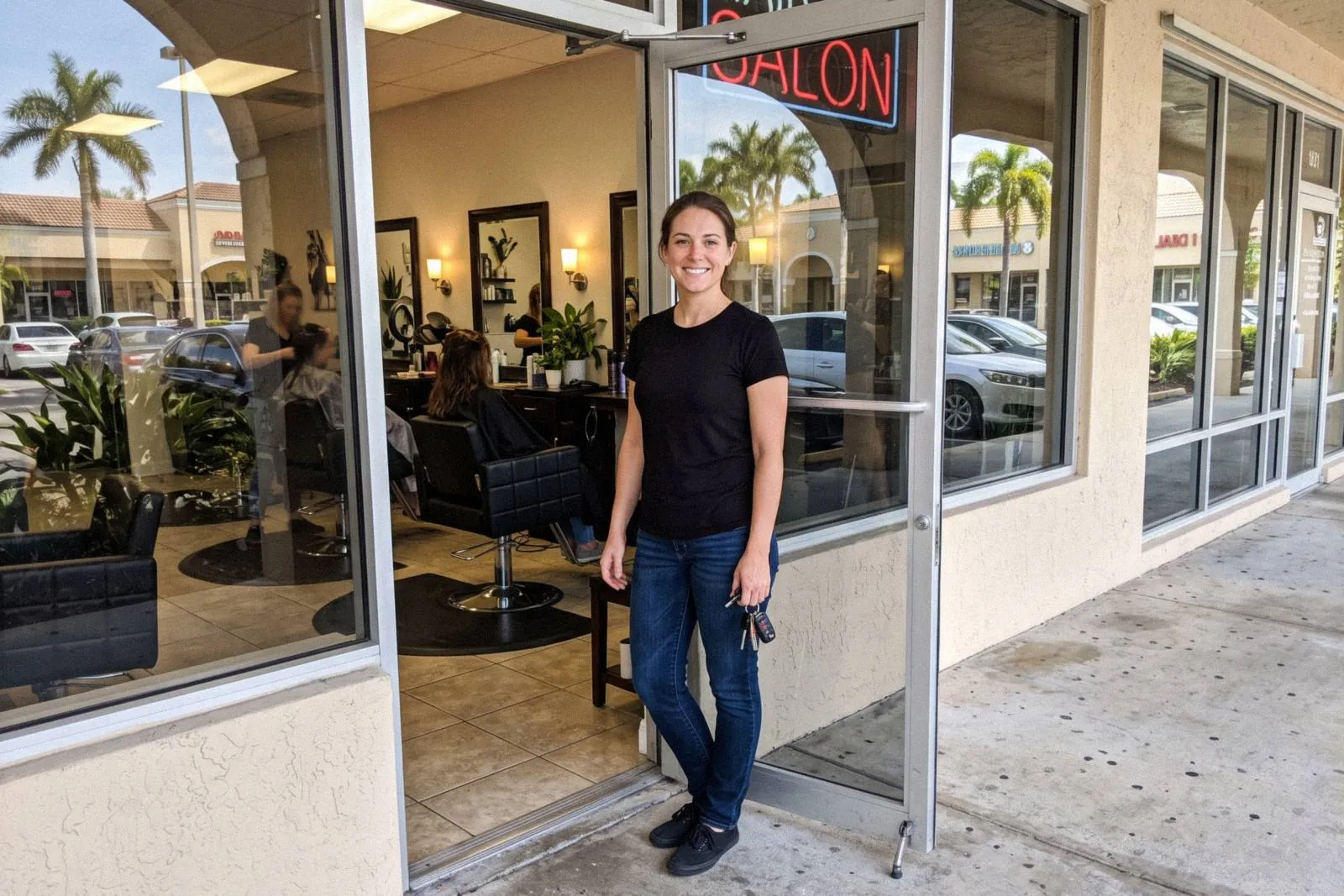 A salon owner opening her shop for the day
