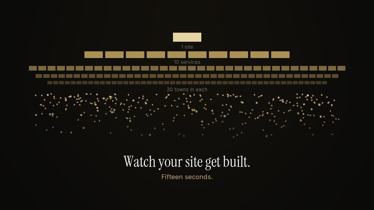 One site becomes ten services, then thirty towns under each, then dots across a map
