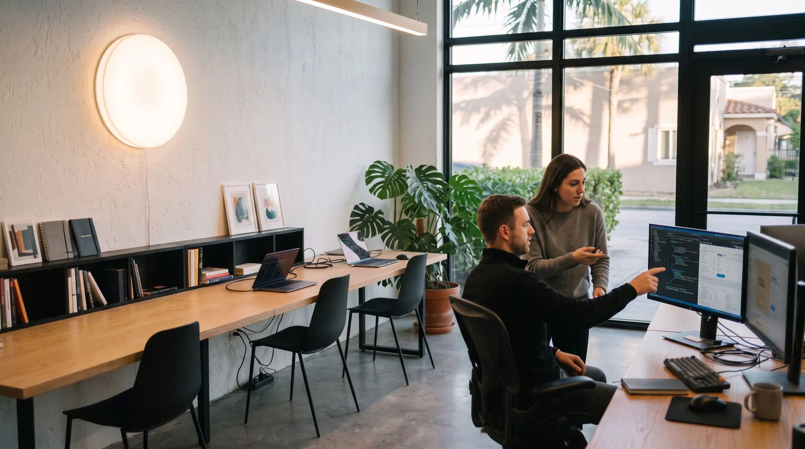Two people at the desk looking at a page being built