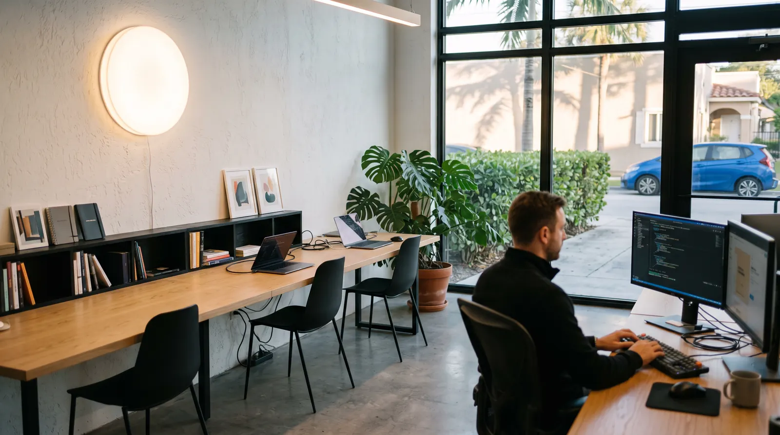 The Brixel Proyect studio: a long oak desk along street-level windows